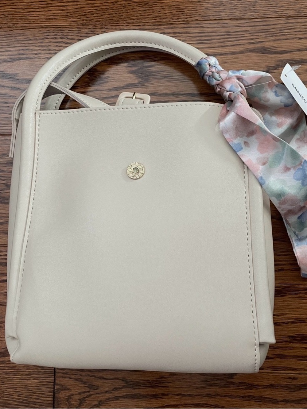 MINISO Cream Structured Top-Handle/Crossbody Bag with Floral Scarf (NWT)